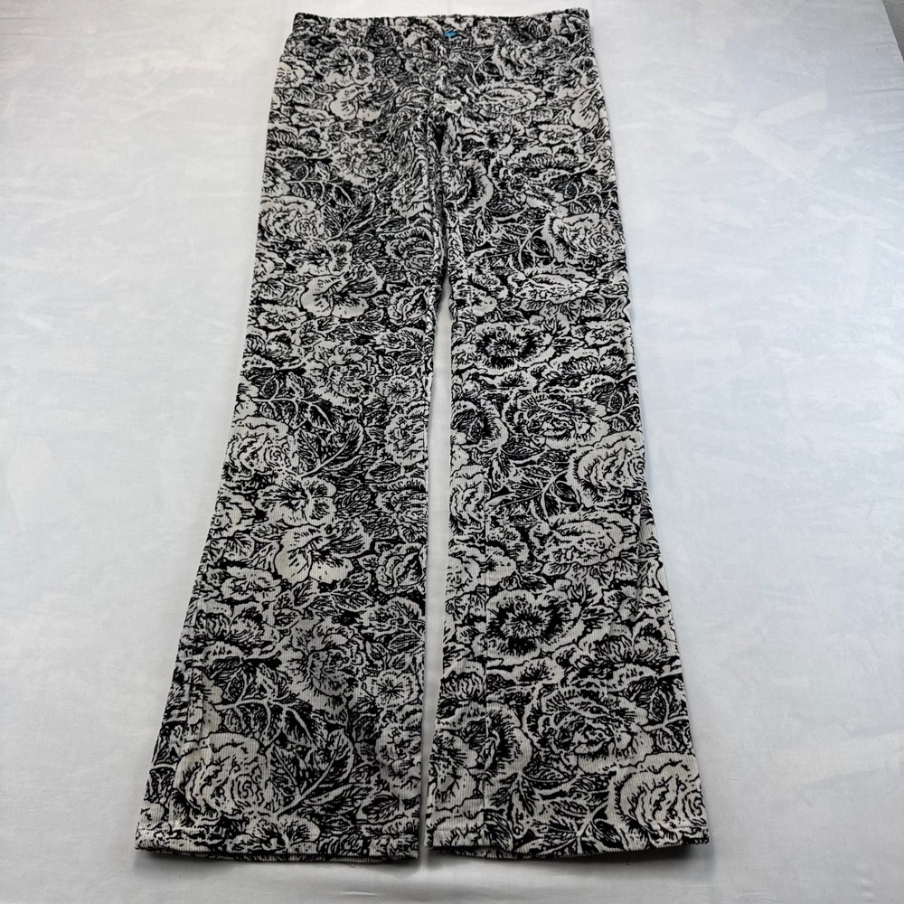 Tothemax! Corduroy Pants Womens 9 Black White Floral High Rise Stretch Flare Leg